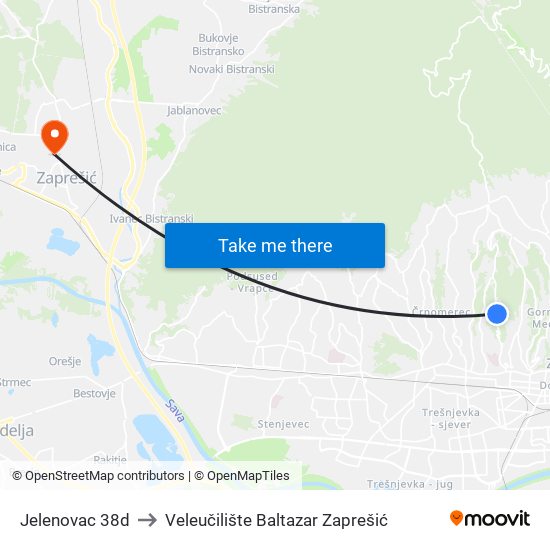 Jelenovac 38d to Veleučilište Baltazar Zaprešić map