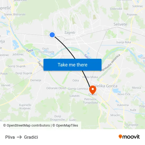 Pliva to Gradići map