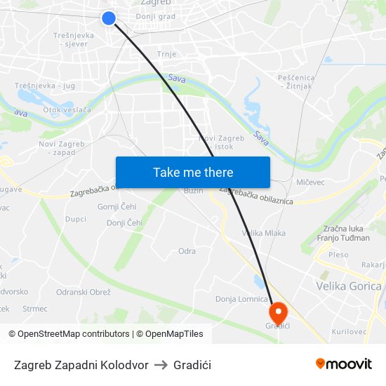 Zagreb Zapadni Kolodvor to Gradići map