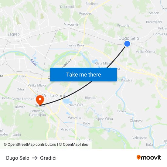 Dugo Selo to Gradići map