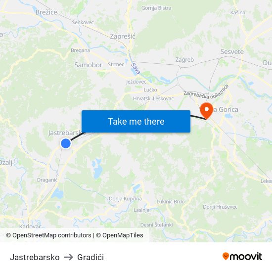 Jastrebarsko to Gradići map