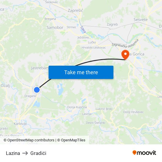 Lazina to Gradići map