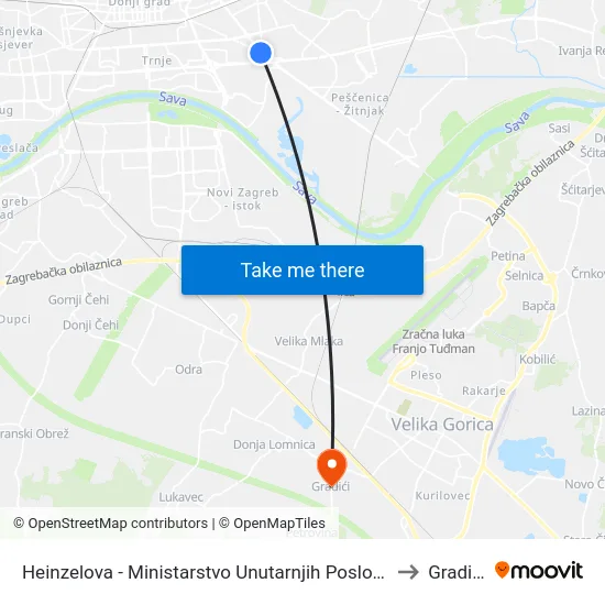 Heinzelova - Ministarstvo Unutarnjih Poslova to Gradići map