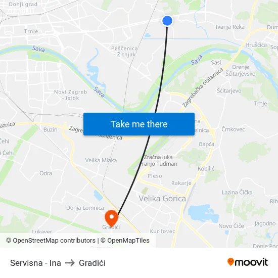 Servisna - Ina to Gradići map