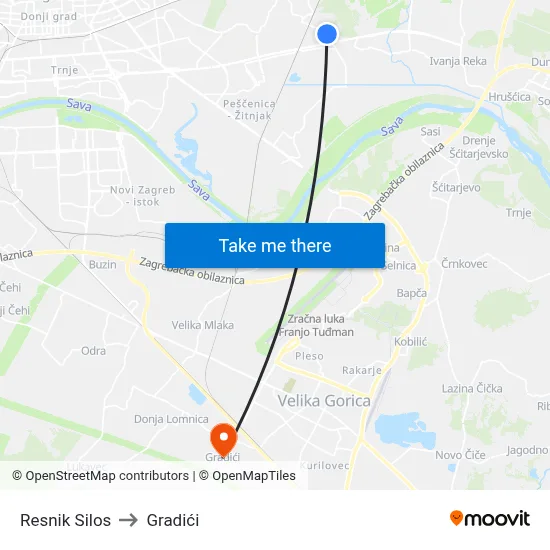Resnik Silos to Gradići map