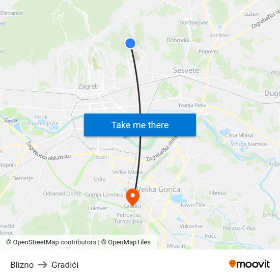Blizno to Gradići map