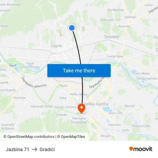 Jazbina 71 to Gradići map