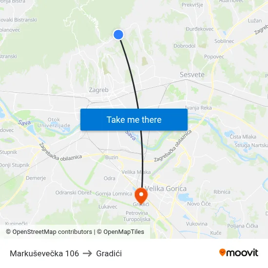 Markuševečka 106 to Gradići map
