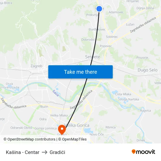 Kašina - Centar to Gradići map