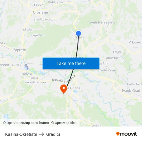Kašina-Okretište to Gradići map