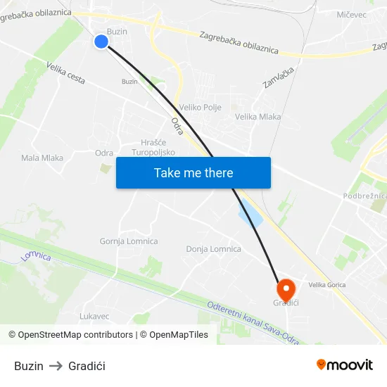 Buzin to Gradići map