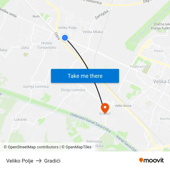 Veliko Polje to Gradići map