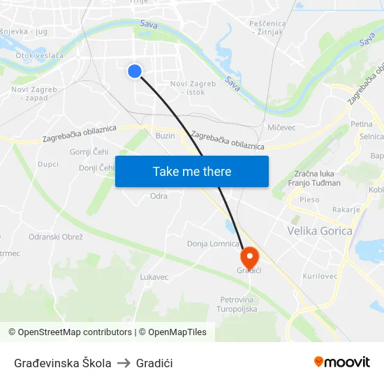 Građevinska Škola to Gradići map