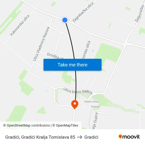 Gradići, Gradići Kralja Tomislava 85 to Gradići map