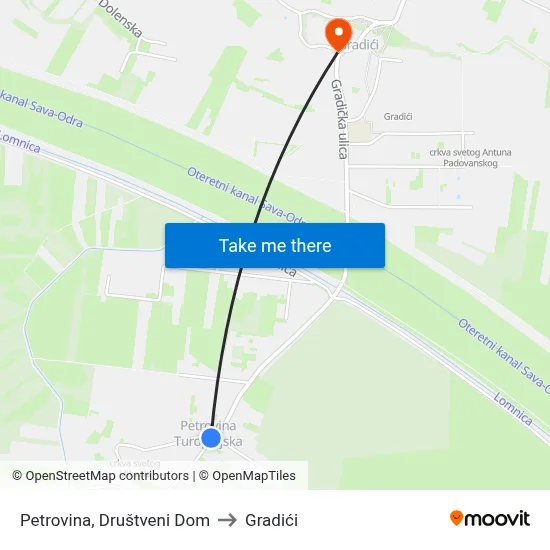 Petrovina, Društveni Dom to Gradići map