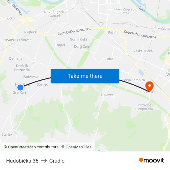 Hudobička 36 to Gradići map
