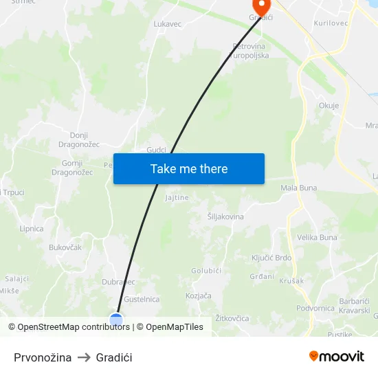 Prvonožina to Gradići map