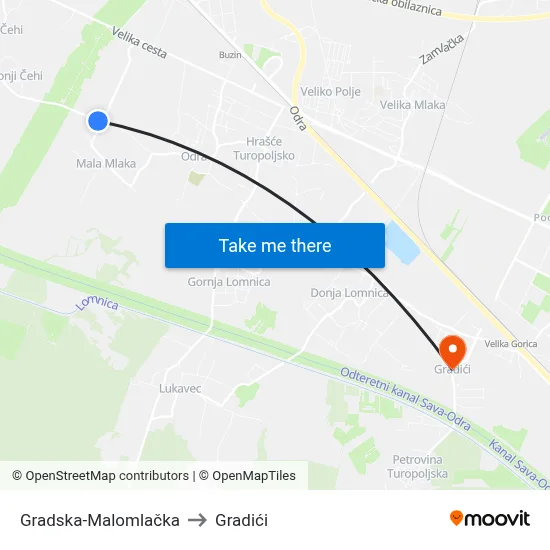 Gradska-Malomlačka to Gradići map