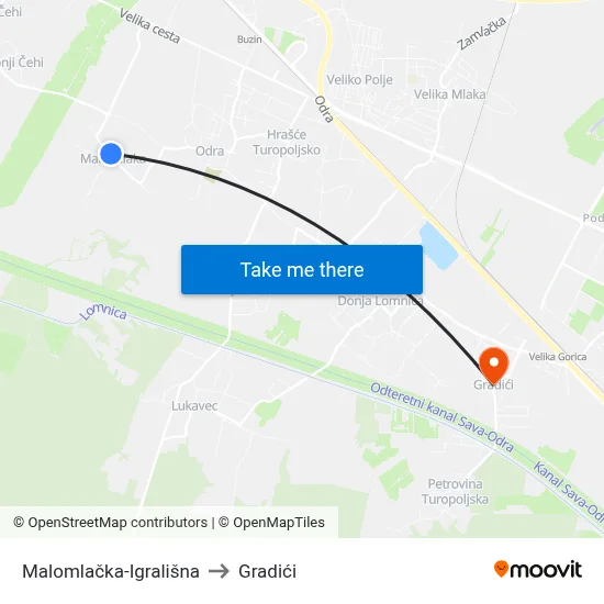 Malomlačka-Igrališna to Gradići map