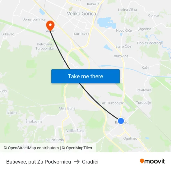 Buševec, put Za Podvornicu to Gradići map