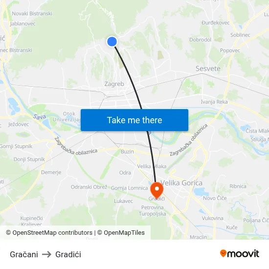 Gračani to Gradići map