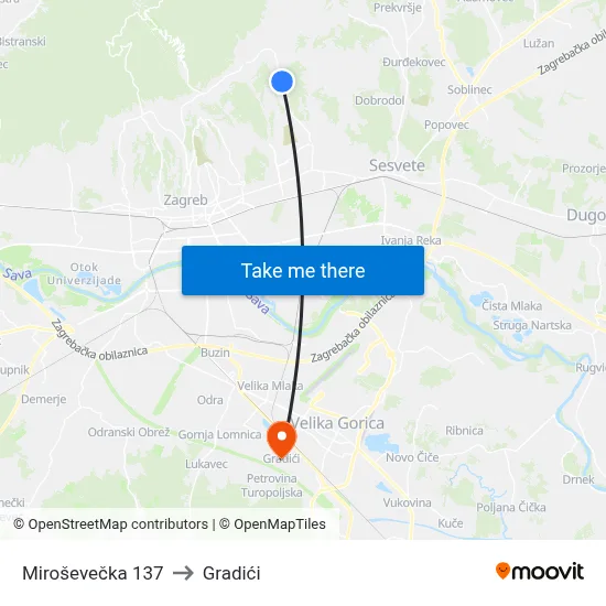 Miroševečka 137 to Gradići map