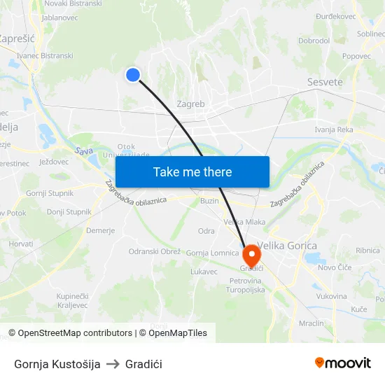 Gornja Kustošija to Gradići map