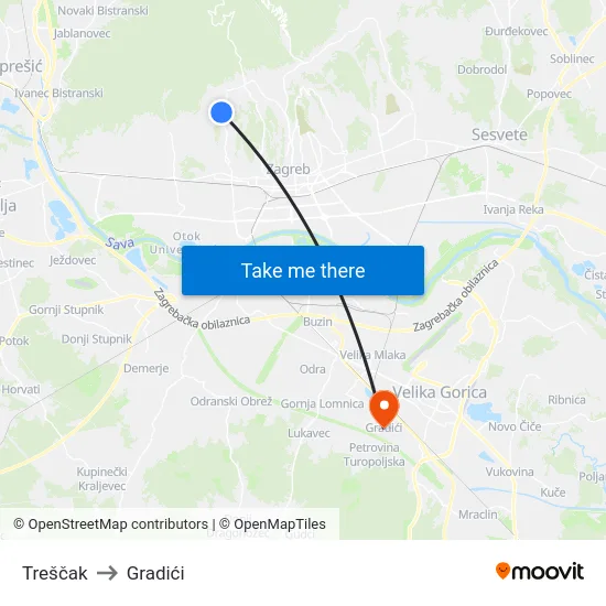 Treščak to Gradići map