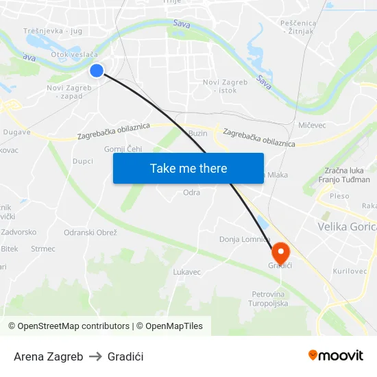 Arena Zagreb to Gradići map