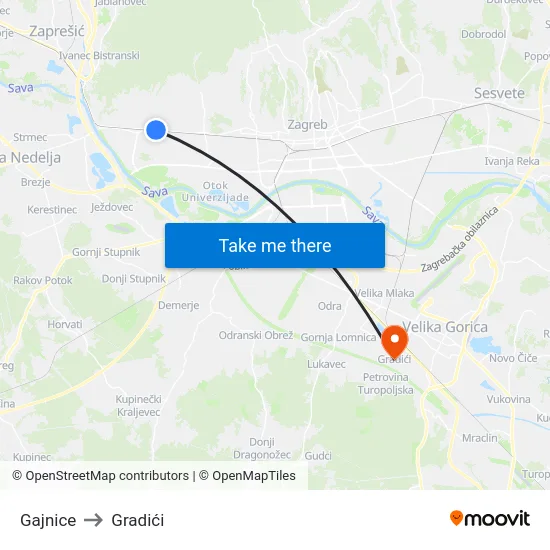 Gajnice to Gradići map