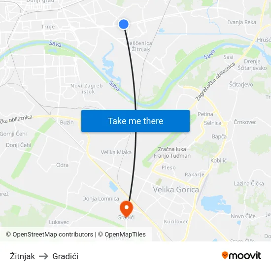 Žitnjak to Gradići map