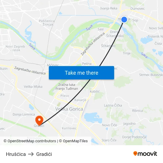 Hrušćica to Gradići map