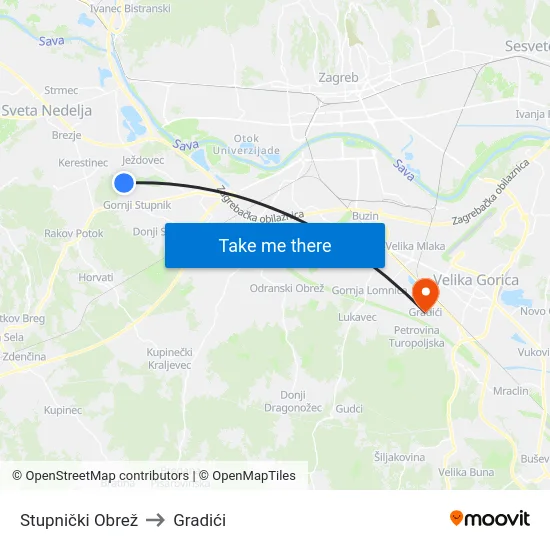 Stupnički Obrež to Gradići map