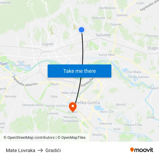 Mate Lovraka to Gradići map
