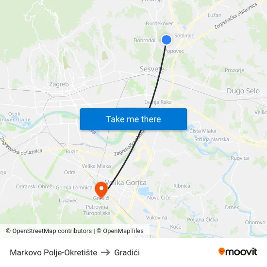 Markovo Polje-Okretište to Gradići map