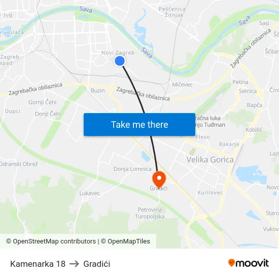 Kamenarka 18 to Gradići map