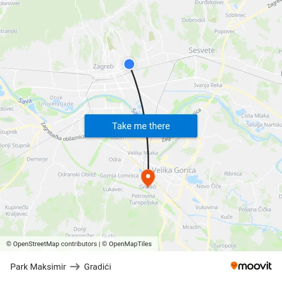 Park Maksimir to Gradići map