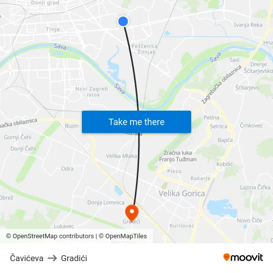 Čavićeva to Gradići map