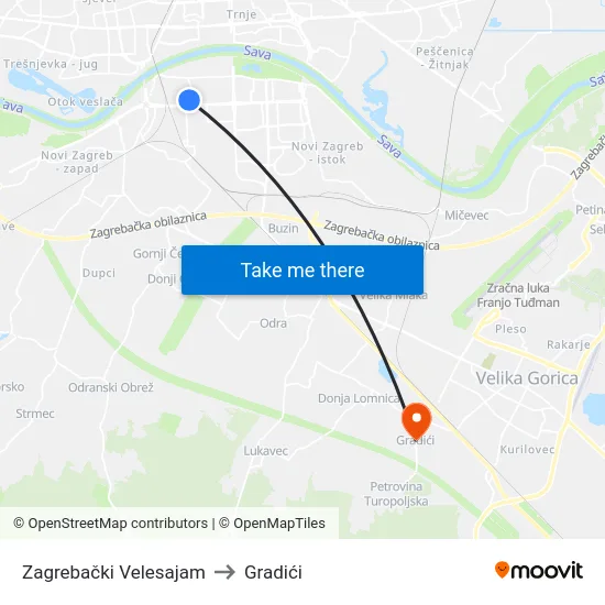 Zagrebački Velesajam to Gradići map