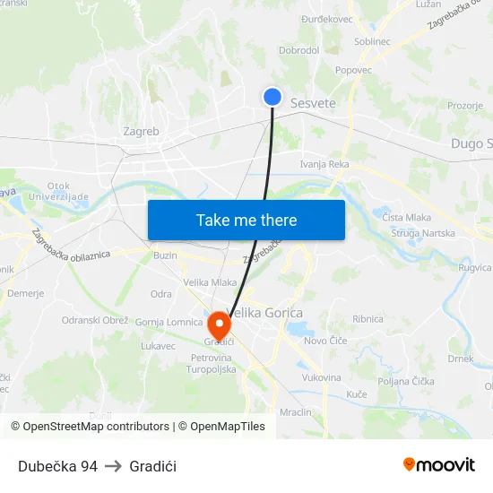 Dubečka 94 to Gradići map