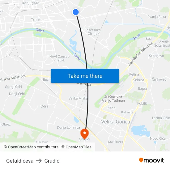 Getaldićeva to Gradići map