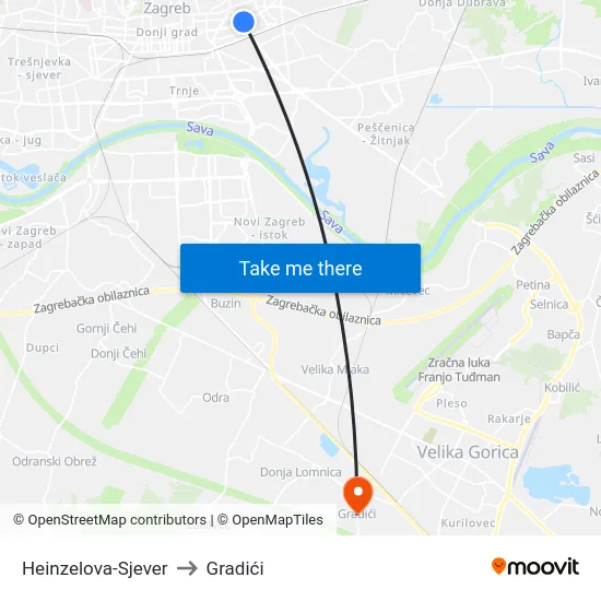 Heinzelova-Sjever to Gradići map