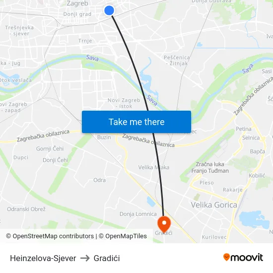 Heinzelova-Sjever to Gradići map