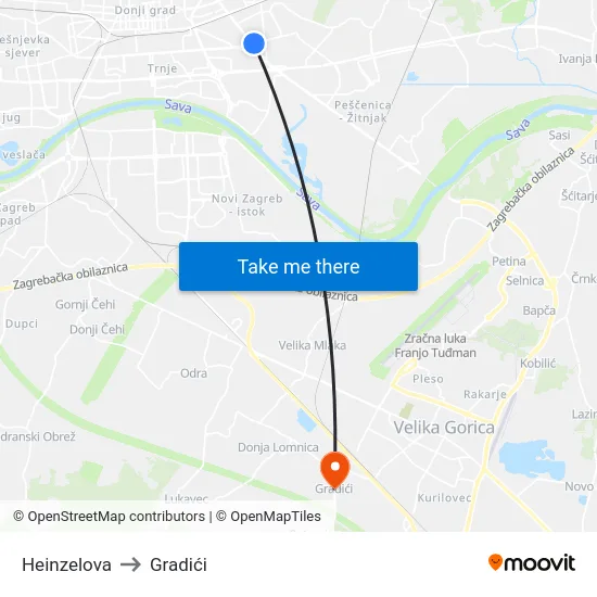 Heinzelova to Gradići map