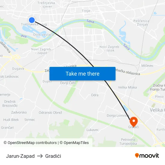 Jarun-Zapad to Gradići map