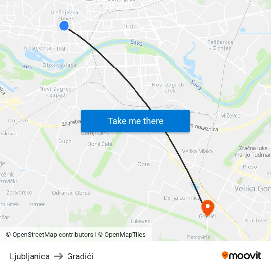 Ljubljanica to Gradići map