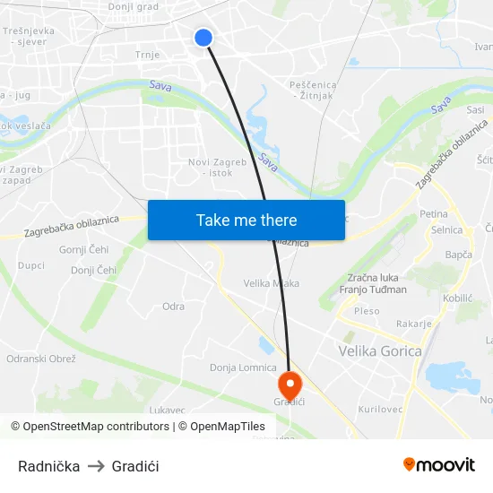 Radnička to Gradići map