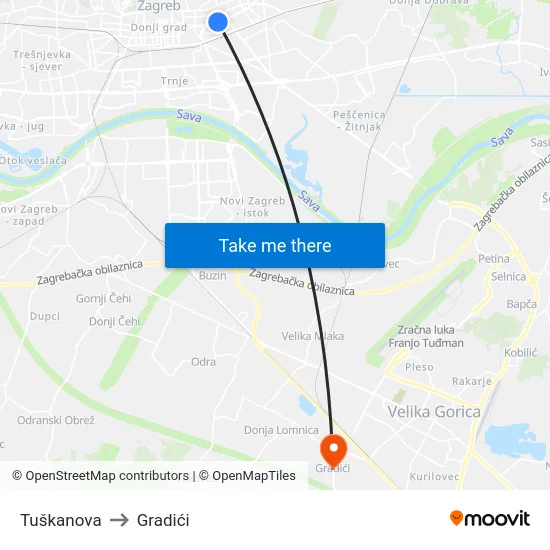 Tuškanova to Gradići map