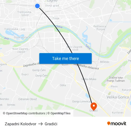 Zapadni Kolodvor to Gradići map