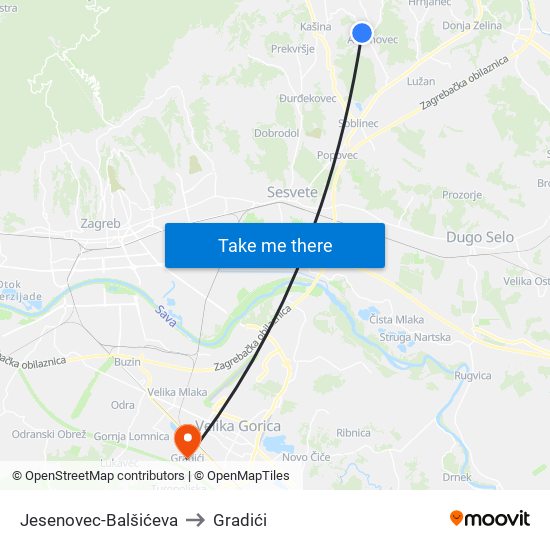 Jesenovec-Balšićeva to Gradići map